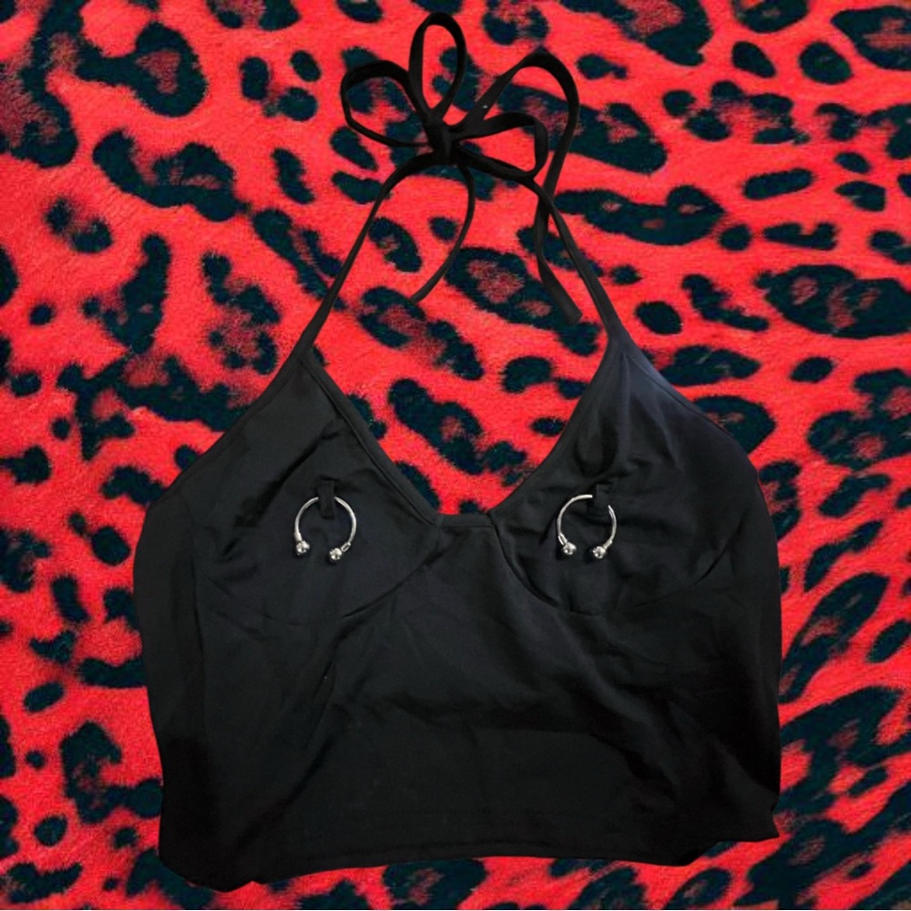Black Halter Crop Top with Piercings Details